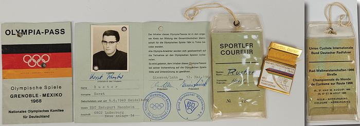 3 original Ausweise des deutschen Radsportlers Horst Ruster: 1) Olympia-Pass Olympische Spiele Tokio 1964 des NOK Deutschland. 4 Seiten mit Passfoto und original Signatur von Ruster, Karton 12,5x8,5 cm. 2) Olympia-Pass Olympische Spiele Grenoble - Mexiko 1968 des NOK Deutschland. 4 Seiten mit Passfoto und original Signatur von Ruster, Karton 12,5x8,5 cm. 3) Sportler-Ausweis von Ruster für die Rad - Weltmeisterschaften 1966, Karton 10x7 cm in original Plastikhülle mit Bändchen. Dabei: Teilnehmerabzeichen "Sportler, Coureur" für Rda WM 1966 in Köln, Bronze, vergoldet, mehrfarbig emailliert, 6x4 cm.