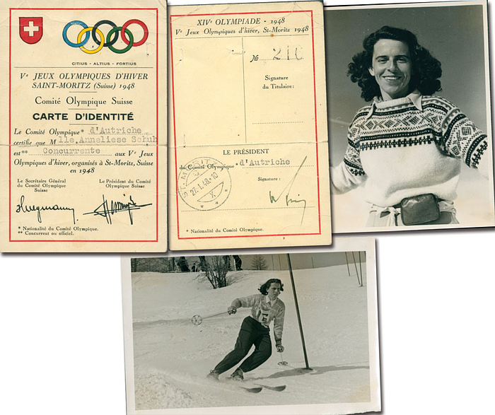 Original Ausweis von den Olymischen Winterspielen 1948 in St.Moritz der österreichischen Skirennläuferin Anneliese Schuh-Proxauf. 12x8 cm. Dabei zwei S/W-Fotos.