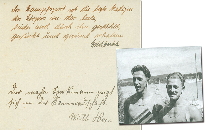 Original Signaturen der Silbermedaillengewinner für Deutschland bei den Olympischen Spiele 1936 im Zweier-Kanu Erich Hanisch (1909 - verstorben unbekannt) und Willi Horn (1909-1989) auf einem Blattpapier jeweils mit handschriflichen Widmungen der beiden Athleten, 14x11 cm.