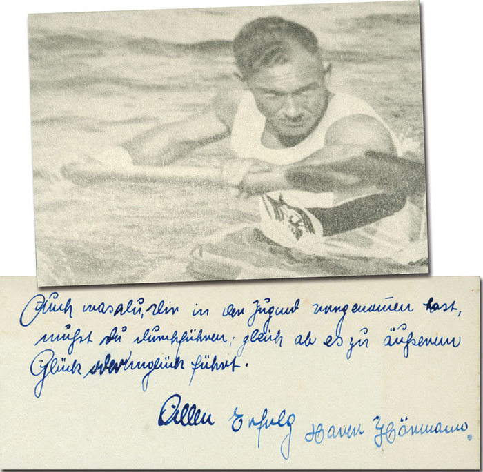 (1910-1943) Blancobeleg mit original Signatur und Widmung von Xaver Hörmann (GER). Bronzemedaille bei den Olympischen Spielen 1936 im 10.000 m Einer-Kanu, 15,3x5 cm.