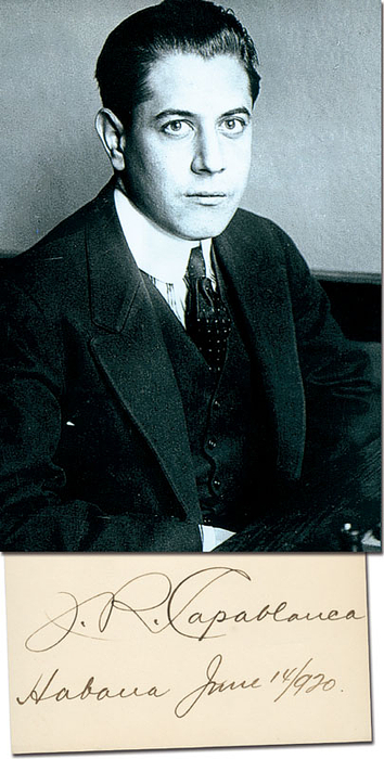 (1888-1942) Karteikarte mit original Signatur von Jose Raul Capablanca (CUB), datiert 14. Juni 1920. Von 1921 bis 1927 war er der dritte Schachweltmeister, 9,3x6,7 cm.