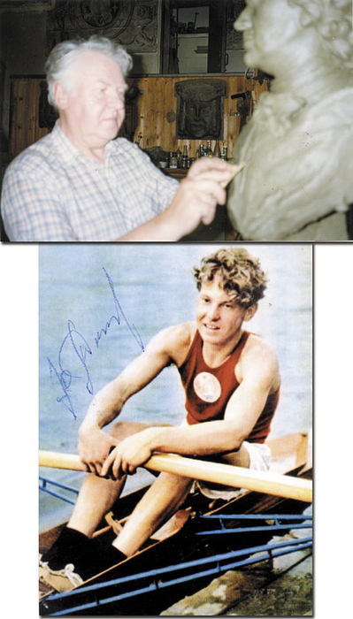 (1930-2018) Farbreprofoto mit original Signatur von Juri Sergejewitsch Tjukalow (URS). Goldmedaille bei den Olympischen Spielen 1952 im Rudern - Einer. Gold 1956 und Silber 1960 im Doppelzweier.  14,5x10,5 cm.