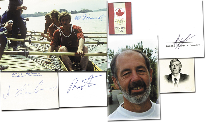 Silbermedaille im Doppelvierer für die UdSSR bei den Olympischen Spielen 1976. Mit allen original Signaturen: Jewgeni Dulejew (Sehr selten! Mit Passfoto), Juri Jakimow, Aivars Lazdenieks (1954-2023) und Vytautas Butkus. Verschiedene Belege 15x10 cm bis 8x4 cm.