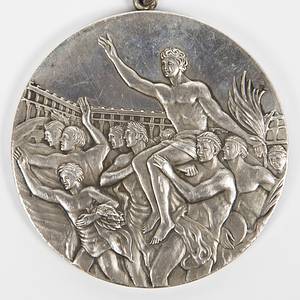 Offizielle silberne Siegermedaille der UdSSR im Turnen Mannschaft der Herren für den 2.Platz im Pferdsprung bei den Olympischen Sommerspielen in Mexiko 1968. Silber (124 Gramm), 6 cm mit silberner Plakette mit dem Symbol für Turnen. Auf der Rückseite der Plakette Gravur "Clasification par equipe varonil" (Mannschaftswertung der Herren). Mit orginal weinrotem Seidenband. - Bild 5