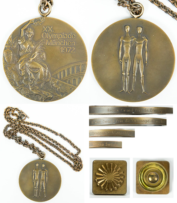 Bronzemedaille für den 3.Platz von Ninna Swaab auf „Casanova“ mit der Mannschaft von Schweden im Reiten - Dressur Mannschaft bei den Olympischen Spielen München 1972. (Entwurf von G.Cassioli und G.Marcks). Bronze, 6,6 cm mit original Kette. Mit Randgravur "Reiten Grand Prix de Dressage - Mannschaft" und den Namen der Reiterin "Ninna Swaab". Dabei original Pin von Ninna Swaab für die Bronzemedaille der zusammen mit der Medaille vergeben wurde (1,1x1,1 cm).