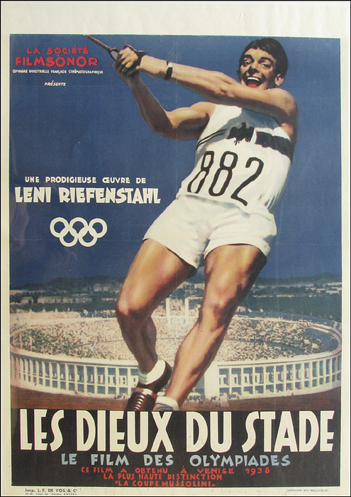 „Les dieux du Stade. Le film des Olympiades. Une prodigieuse oevre de Leni Riefenstahl“ Originalfilmplakat von 1938 für den ersten Olympiafilm von Leni Riefenstahl. Vierfarbig 79x60cm.