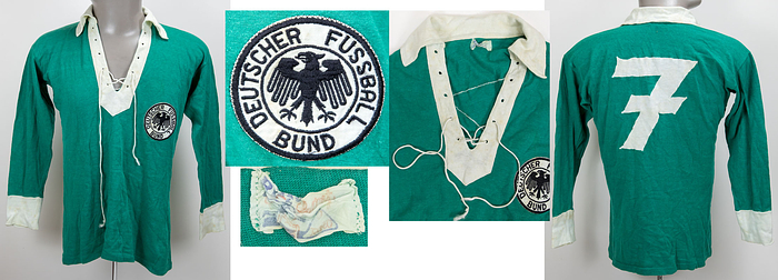Original match worn DFB Spielertrikot mit der Rückennummer 7. Getragen von Helmut Rahn im Länderspiel Österreich v Deutschland (2:3) am 10.3.1957 in Wien. Baumwolltrikot  der Marke "Riro Sport". Status:AAA.