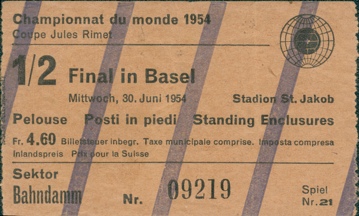 1/2 Final in Basel: Deutschland - Österreich (6:1) am 30.Juni 1954, Sitzplatz Haupttribüne. 10x6 cm.