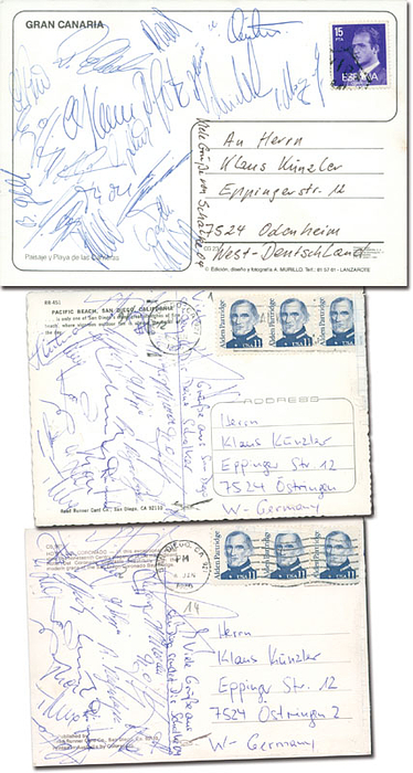 3 Postkarten alle signiert von den Spielern von Schalke 04 aus dem Jahre 1985 / 1986 aus dem Trainingslager oder Spielen in den USA, je 14,5x10 cm.