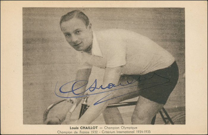 Chaillot, Louis  | (1914-1998) S/W-Postkarte mit original Signatur von Louis Chaillot (FRA). Gold- und Silbermedaille bei den Olympischen Spielen 1932 im Radsport (Tandem + Sprint) Bronze 1936 im Sprint. 14x9 cm