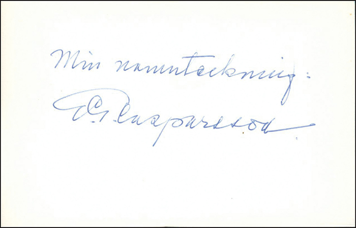 Casparsson, Ernst Gustaf  | (1886-1973) Karteikarte mit original Signatur von Ernst Gustaf Casparsson (SWE). Goldmedaille im Reiten (Vielseitigkeit Team) bei den Olympischen Spielen 1912, 11x7 cm