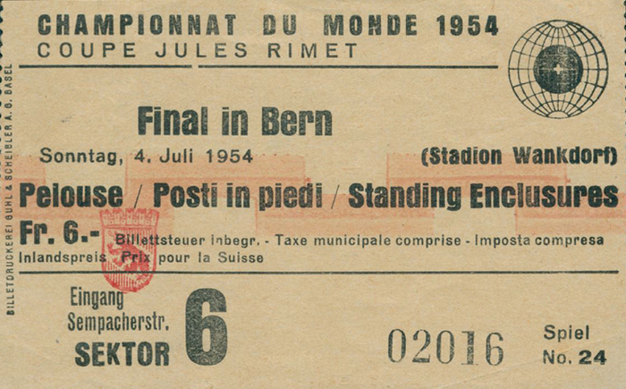  - Eugen Johansen: Extremely rare and original ticket for the final of the World Cup in Switzerland 1954 in Bern on 4th July 1954. Germany - Hungary 3:2. 9.5 x 6 cm. This object will be delivered with a certificate of authenticity. Please read more under "original tickets". --Well-preserved ticket. Front side slightly faded. Condition: B