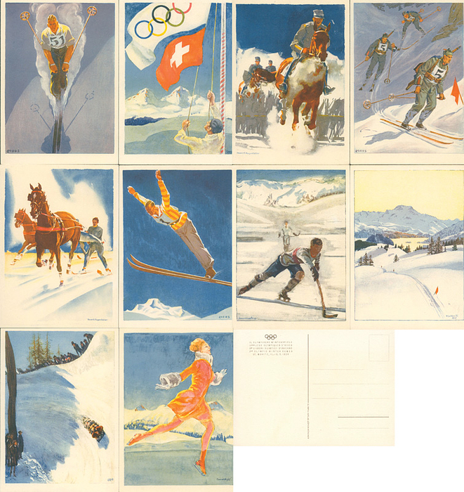 Postkarte OSW1928  | 10 verschiedene farbige Postkarten „II.Olympische Winterspiele St.Moritz. 11.-19.2.1928.“ (Aufdruck Rückseite) mit verschiednen Motiven, je 14x10 cm.