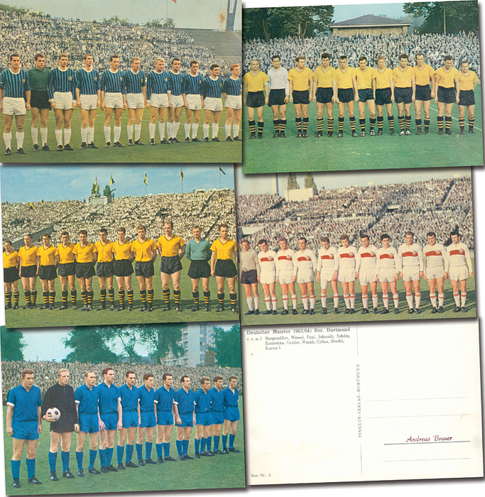 Sammelbilder-Pinguin  | 17 farbige Mannschaftspostkarten des Pinguin-Verlages Saison 1963/64. Pinguin, Dortmund 1963. Karton.. Großformat, matt + glänzend, 14,9x10,5 + 14,5x10 cm.