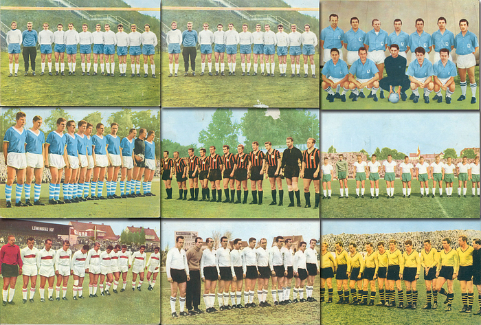 Sorry, no english description is available. ...  -  Condition: B-C.....2x Hertha, Eintracht, Schalke, VfB, 1860, Bayern, Werder, Dortmund. Teilweise mit Kleberresten auf der Rückseite. 2 Karte auf der Bildseite mit kleinen Abrissspuren.