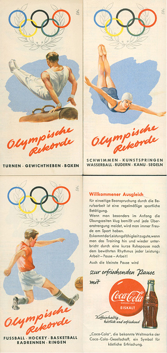 Coca-Cola Werbung 1952  | 3 verschiedene Werbefaltblätter „Olympische Rekorde“ der Firma Coca Cola zu den Olympischen Spielen 1952 in Helsinki. 1) Schwimmen 2) Turnen 3) Fussball