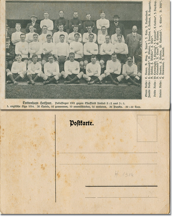 Tottenham Hotspurs-Postkarte 1914  | Deutsche S/W-Postkarte "Tottenham Hotspurs" mit der Mannschaft von 1914, 15x10 cm
