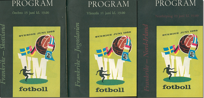  - Three official match programs from the 1958 FIFA World Cup: 1) Northern Ireland v France, 19.6.; 2) France v Scotland, 15.6.; 3) France v Yugoslavia, 11.6. --each 64 pages, 18x12.5 cm Condition: B