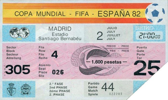 Eintrittskarte WM1982  | Eintrittskarte Copa Mundial - FIFA - Espana 82. Deutschland - Spanien (2:1). 2.7.1982 in Madrid. 15x9cm.