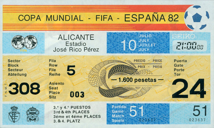 Eintrittskarte WM1982  | Copa Mundial - FIFA - Espana 82. Spiel um Platz 3. Polen - Frankreich. 10.7.1982 in Alicante. 15x9 cm.
