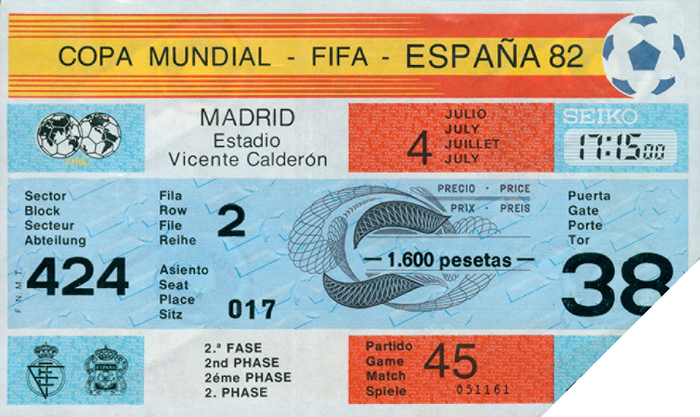 Eintrittskarte WM1982  | Eintrittskarte Copa Mundial - FIFA - Espana 82. Frankreich - Nordirland (4:1). 4.7.1982 in Madrid. 15x9 cm.