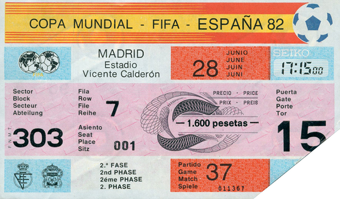  - Ticket, World Cup 1982 Spain France vs Austria in Madrid, 28th June 1982. Size 15x9 cm, --creased Condition: C