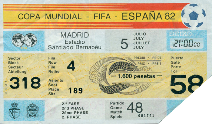 Eintrittskarte WM1982  | Eintrittskarte Copa Mundial - FIFA - Espana 82. England - Spanien (0:0). 5.7.1982 in Madrid. 15x9 cm