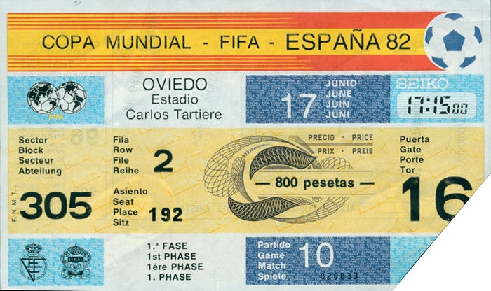  - Ticket World Cup 1982  Austria v Chile (1-0) Copa Mundial. 17th june 1982 in Oviedo, size 15x9cm. Creased Condition: C
