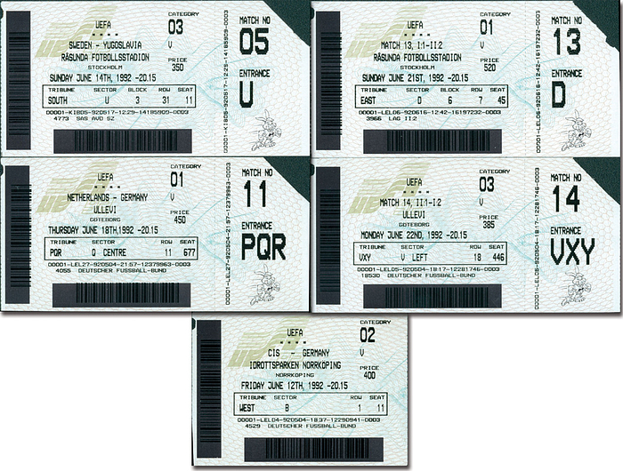  - 5 UEFA Euro 1992 tickets: 1) Semi-final Denmark - Netherlands, 22.6. 2) Semi-final Sweden - Germany, 21.6. 3) Netherlands v Germany, 18.6. 4) Sweden v Yugoslavia, 14.6. 5) CIS v Germany, 12.6. 15.5x7.5 + 10.5x7.5 cm Condition: A