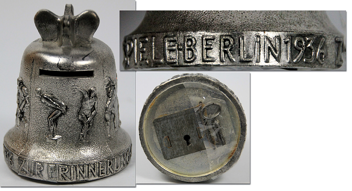 Olympiaglocke OS1936  | Olympische Glocke als Spardose. Mit der Aufschrift "Zur Erinnerung an die Olympischen Spiele Berlin 1936". Mit Sportmostiven. Verschluss funktionsfähig. Mit original Schlüssel. Zinkguss versilbert, Höhe: 8 cm Durchmesser am Boden: 6,3 cm