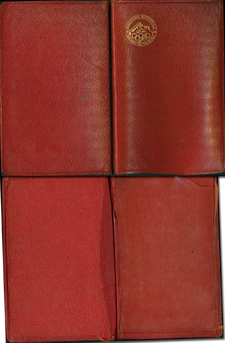 Olympic Winter Games 1936. Leather pouch - Original leather pouch for tickets of  honour with gold embossed logo of the IV Olympic Winter Games in Garmisch-Partenkirchen 1936, very rare! (GERMAN). 15.5x10.5cm.-- signs of usage. Inside clear sleeve for loose season ticket Condition: B-C