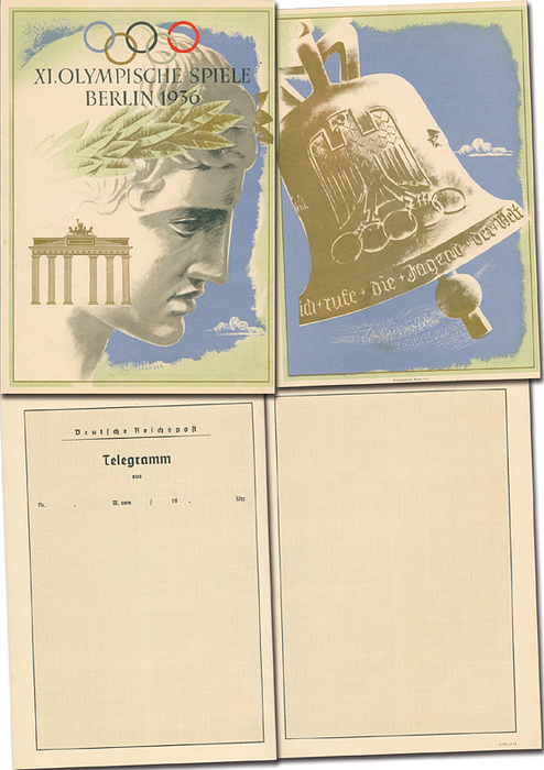  - Official Olympic Telegram. XI Olympic Games Berlin 1936. Unused. --Large decorative, four-color commemorative German post telegram of the 1936 Olympic Games. Condition: A-