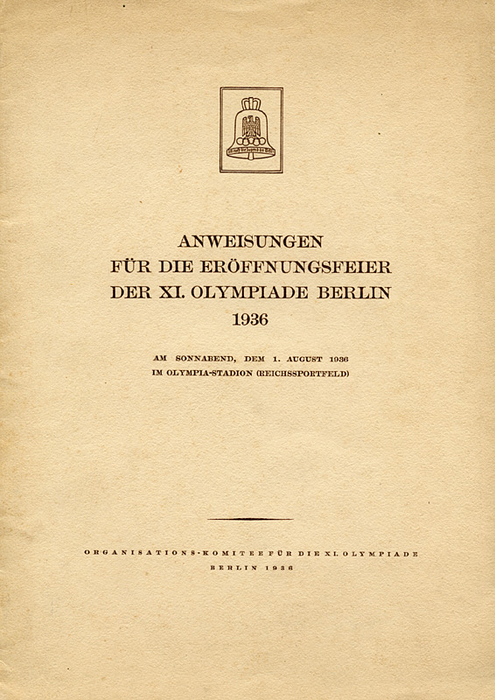 Olympic Games 1936. Instructions Opening ceremony - Instructions for the opening ceremony of the 11th Olympic Games Berlin 1936 on Saturday 1st August 1936 at the Olympic Stadium Berlin. With detailed schedule of the opening ceremony and deployment plan for the participating countries, presented to all participants at the opening ceremony. Size 21x29cm 12 pages, with drawings. Condition: C