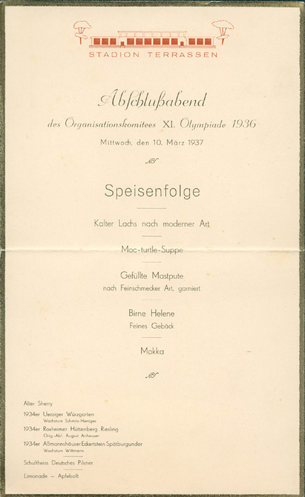  - Official menu "Closing evening of the Organizing Committee XI Olympiad 1936. Wednesday, March 10, 1937. Stadium Terraces" Cardboard, 23x14 cm --Rare document concerning the termination of the 1936 Olympic Games by the dissolution of the 1936 Games Organizing Committee in March 1937 --folded Condition: C