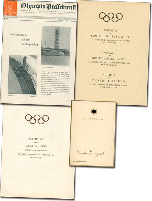 Konvout OSS1936  | 4 offizielle Dokumente der Olympische Spiele Berlin 1936: 1) Ansprache des Grafen Baillet Latour….Hitlerjugend…1.8.1936". 4 Seiten, 30x21 cm. 2) Ansprache von Sven hedin..im Olympia Stadion…4.8.1936". 10 Seiten 30x21 cm. 3) Olympia-Pressedienst Nr. 24. 8 Seiten mit Fotos, 30x21 cm. 4) Speisekarte "Olympia 1936 Haus Rupenhorn, 15.8.1936" Karton, 8 Seiten, 18,5x12,5 cm (Das Haus Rupenhorn war die offizielle Residenz des "Reichssportführers" Tschammer von Osten während der Olympischen Spiele Berlin 1936. Hier wurden offizielle Empfänge durchgeführt).
