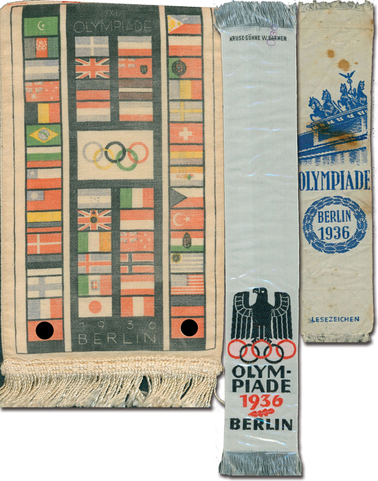 Souvenir OSS1936  | 3 schöne Souvenirs anläßlich der Olympischen Spiele Berlin 1936. Alle aus bestickter oder bedruckter Seide. 2x Lesezeichen, 1 kleiner Wimpel. 21x4 cm bis 15x4 cm