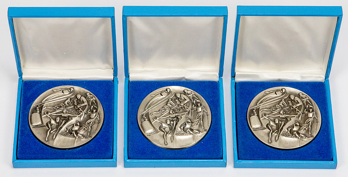 Teilnehmermedaille 1980  | 3x Teilnehmermedaille Olympische Winterspiele Lake Placid 1980. Nickel-Silber, Durchmesser 7,6 cm. Randpunze "IOC 1978 MACO". Mit original Etui.