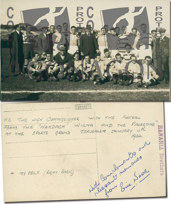 - Hakoah Wiena vs Palestine 1924. Original  postcard showing the teams with the High Commissioner of Palestine on 11.1.1924 in Jerusalem. Whilst being under British Rule, the Palestine Team were all English! With a hand written dedication and signature from Eric Wood. 13x8 cm --From the estate of Bela Guttmann (1899-1981). Bela Guttmann's estate surfaced in 2001 at an antiques dealer in Vienna, who had acquired these items in 1997 from the estate of Bela Guttmann's widow. AGON-Sportsworld documented this estate in a book entitled "The Legendary Coach: In the Footsteps of Bela Guttmann" in 2001, numbering each item. The estate was auctioned in Kassel on June 8, 2001. The unsold items were stored at AGON-Sportsworld and are now being offered for auction again. Condition: A