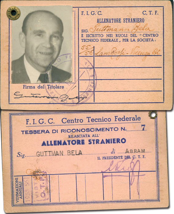 1Guttmann, Bela - Lanerossi Vicenza - Pass  | 1Originaltrainerpass von Bela Guttmann für Lane Rossi-Vicenza AC für die Saison 1955/56. Mit Original S/W-Passfoto und original Signatur von Guttmann. 11x7 cm. Guttmann Nachlass 2001 Nr. 18