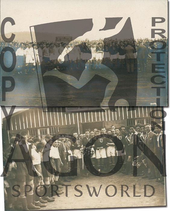  - Football Saarland v Hungary - Postcard 1924: Two original black and white postcards from the 1924 Saarland vs. Hungary football international match: 1) "The Hungarian national team in Saarbrücken in front of the Saar 05 clubhouse." 2) "The Hungarian national team in Saarbrücken against a select team from the French-occupied Saarland." Each 14 x 9 cm. Guttmann Estate 2001, Nos. 114 + 115 --Bela Guttmann was at both games! Very rare postcard. - With paper residue on the back. Condition: A-