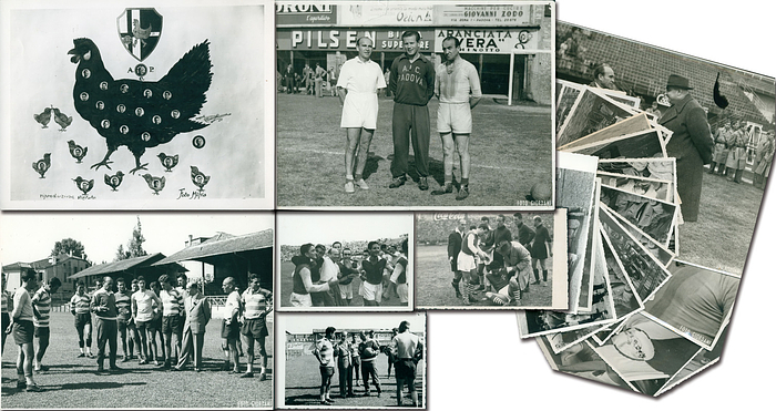  - 26 black and white press photos of AC Padova 1949/50: 1 original photo collage of the AC Padova team from the 1949/50 season. 24x18 cm + a collection of 25 original press photos from the first half of the 1949/50 season of AC Padova, series A. 24x18 to 11x9 cm. --Guttmann Estate 2001 Nos. 160 + 161 --Padova languished in mid-table in Italy's Serie A in 1949/50 until Guttman took over as coach. A phenomenal winning streak propelled Padova to second place by the halfway point of the season, closing the gap to league leaders Juventus Turin to just a few points. The second half of the season was marred by intrigues against Guttman, and the success could not be replicated. Condition: A