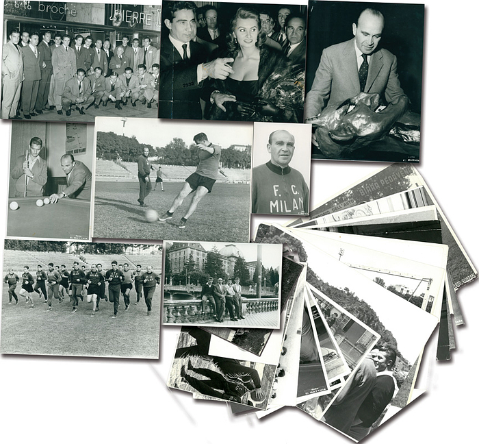 Mailand,AC - Sammlung Bela Guttmann Foto 1955  | Konvolut von 25 grossformatigen Original S/W-Pressefotos des AC Milan im Meisterschaftsjahr 1954/55 aus der Sammlung des Meisterstrainers Bela Guttmann. Je 18x13 cm bis 10x8 cm. Guttmann Nachlass 2001 Nr. 168, 170-173, 176