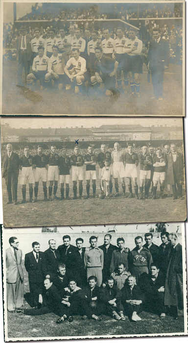 Ungarn - Postkarte  1922 - 1952  | 3 original S/W-Postkarten der Fußball Nationalmannschaft von Ungarn 1922 - 1952: 1) Die ungarische Nationalmannschaft mit Bela Guttman (persönlich von Guttmann markiert). Original S/W-Postkarte ca. 1922. 13,5x8,5 cm. 2) Original S/W-Fotopostkarte. Die ungarische Nationalmannschaft vor einem Länderspiel gegen die Schweiz in Zürich. 13,5x8,5. 3) Bela Guttman (3. von links) als ungarischer Nationaltrainer mit den weltbekannten Stars: Puskas, Kubala, Hidegkuti, Boszik u.a. Original S/W-Postkarte von 1952.13,5x8,5 cm. --Guttmann Nachlass 2001 Nr. 108, 113 + 165
