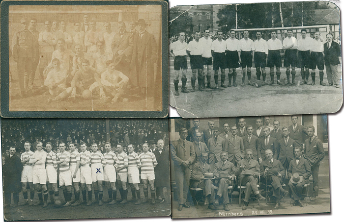 Budapest - Postkarte 1914-1920  | 4 Postkarten von Fußball Mannschaften aus Budapest 1914-1920 für die Bela Guttmann spielte: 1) Original S/W-Mannschaftsfoto von Törekves Budapest 1914. 11,5x8 cm. Bei Törökves Budapest begann die Karriere von Bela Guttman 1914 in der Jugendmannschaft. Hier ein Mannschaftsfoto von der 2.Mannschaft von Törekves mit Guttmann vor dem  Spiel gegen MTK II, das Guttman's Mannschaft mit 4:1 gewann. 2) Original S/W-Mannschaftsfoto von Törekves Budapest aus dem Jahre 1918. 14x9 cm. Mit den Namen aller Spieler auf der Rückseite des Fotos. — an den Ecken geknickt; mit einer kleinen Fehlstelle. 3) MTK Budapest am 21.7.1919 in Nürnberg. Original S/W-Postkarte. 12,5x8 cm. Bela Guttmann schaffte gleich nach seinem Wechsel von Törekves zu MTK den sprung in die erste Mannschaft. 4) Bela Guttman (x) in der Meisterelf von MTK Budapest 1919/20. Orignal S/W-Postkarte. 13,8x8,5 cm. Die handschriftliche Markierung wurde von Guttmann persönlich angebracht. Dieses Foto befindet sich auch in seiner Autobografie. Die Namen der Spieler v.l.: Orth, Kropaczek, Senkrey, Schlosser, Braun, Mandl, Guttman, Opata, Nagy, Vagö, Kertesy, Vörös. --Guttmann Nachlass 2001 Nr. 102-105