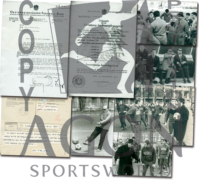 Österreich Nationalmannschaft Dokumente + Fotos  | Fotos und Dokumente von Bela Guttmann aus seiner Zeit in Österreich und Nationaltrainer von Österreich 1964: 1)Zwei Dokumente (amtliche Kopien) zur Erlangung der österreichischen Staatsbürgerschaft. 1) Empfehlungsschreiben des Österreichischen Fußballbundes für Guttman zur Erlangung der Staatsbürgerschaft; 2) Urkunde über die Verleihung der Staatsbürgerschaft. 28.9.1956. 2 Seiten, 20,5x28 cm, Broschur. 2) 16 Original S/W-Pressefotos „Bela Guttmann, Nationaltrainer von Österreich“ 1964.Fotos vom Training. Dabei außerdem eine Telegramm und ein weiteres Schreiben zur seiner Tätigkeit als Nationalcoach.18x13 bis 22x18 cm. ----Guttmann Nachlass 2001 Nr. 184 + 286