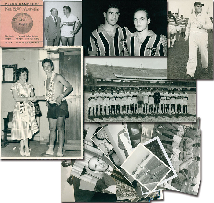 Sao Paulo F.C. - Foto 1957 Guttmann  | Konvolut von 21 gross- und kleinformatigen Original S/W-Pressefotos des Sao Paulo F.C. im Meisterschaftsjahr 1957. Die Fotos zeigen Spieler und Trainer beim Training oder bei privaten Aktivitäten. 18x13 bis 6x6 cm. Dabei: Sao Paulo FC: Werbefaltblatt mit Spielplan November/Dezember 1957 Liga Paulsitao. 6 Seiten, 9x9 cm, Karton. -Guttmann Nachlass 2001 Nr. 193-195 + 197