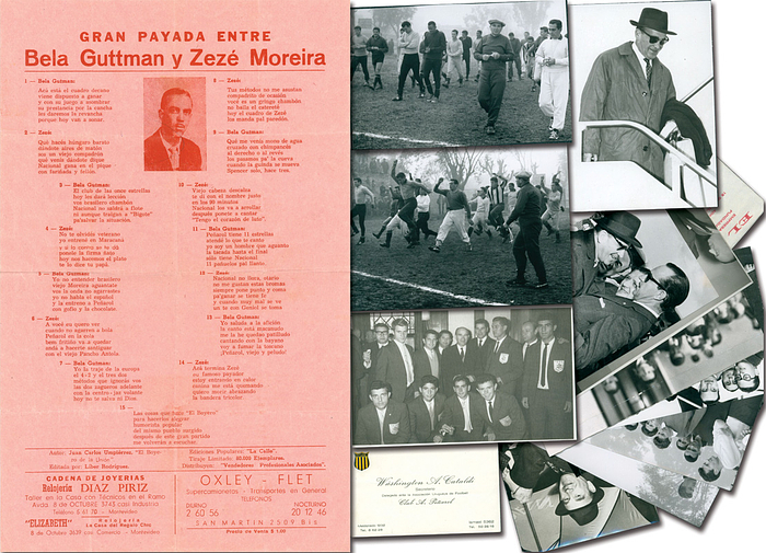  - 12 original black and white photos of "Penarol Montevideo from the 1963 season." 12x9 to 13x11 cm. Also included: Small poster "Gran Payada entre Bela Guttman y Zezé Moreira." "Grosse Payada (Gauchogesang)" is a satirical poem in 15 verses. A call and response between Bela Guttmann and his great critic Zezé Moreira. Bela Guttmann's training methods seemed completely alien to the South Americans: two training sessions a day, training camps, lights out at 11 p.m., etc. Especially since success was lacking at the beginning of Guttmann's coaching career at Peñarol, there was no shortage of critics. Guttmann became Argentine champion with Peñarol and was the celebrated hero. 35x22 cm, Montevideo 1963. —folded ---Guttmann Estate 2001 Nos. 282+283  --Guttmann won his last title with Penarol. Condition: A-B