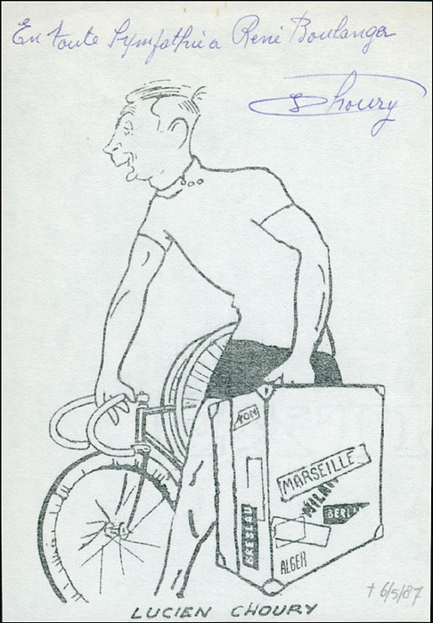 Choury,Lucien  | (1898-1987) Fotokopierte Karikatur mit Originalwidmung von Lucien Choury (FRA). Goldmedaillengewinner im Radsport bei den Olympischen Spielen 1924 im Tandem und Sieger beim Sechstagerennen in Paris. 14x10 cm.
