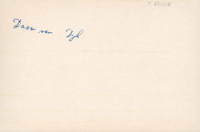 Van Dijk, Daniel "Daan"  | (1907-1986) Karteikarte mit Originalsignatur von Daniel „Daan“ van Dijk. Niederländischer Bahnradsportler und Olympiasieger 1928 im Tandemrennen. 15x10 cm.