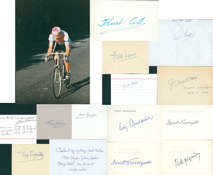 Radsport OSS1936  | 15 verschiedene original Signaturen Radsport von Medaillengewinner der Olympischen Spele Berlin 1936: L.Chaillot (FRA; Bronze + 1932 Gold , Silber); van Vliet (NED; Gold + Silber); Ooms (NED; S); G.Maton (FRA; Bronze); Lapebie (FRA; 2xG, 1x S); Goujon (FRA; G); Le Nizerny (FRA; G); E.Johnson (GBR; B); 2x H.Hill (GBR; B); 2x Nievergelt (SUI; S+B); Buchwalder (SUI; S); Ott (SUI, S); Vandermette (BEL; B). Alle Blancobelege, 15x10 bis 10x7 cm